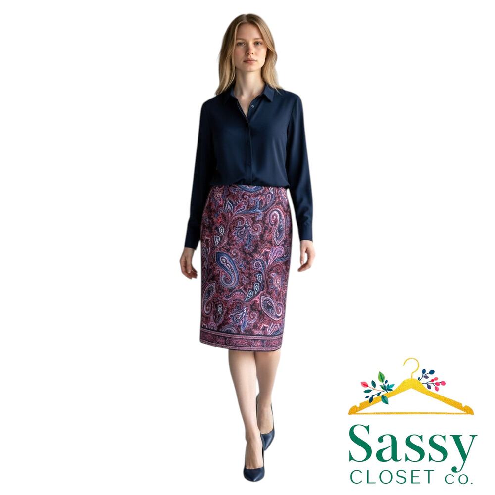 TALBOTS Paisley Stretch Pencil Skirt 14 Blue Purple Border Hem Career EUC